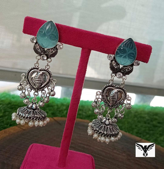 Simar Siver Look Alike Earings In Turquoise Carved Stone For Women