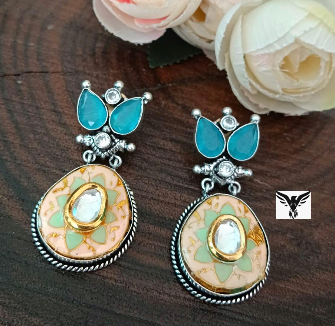 Simar Siver Look Alike Earings In Turquoise Kundan And Meenakari Work   For Women