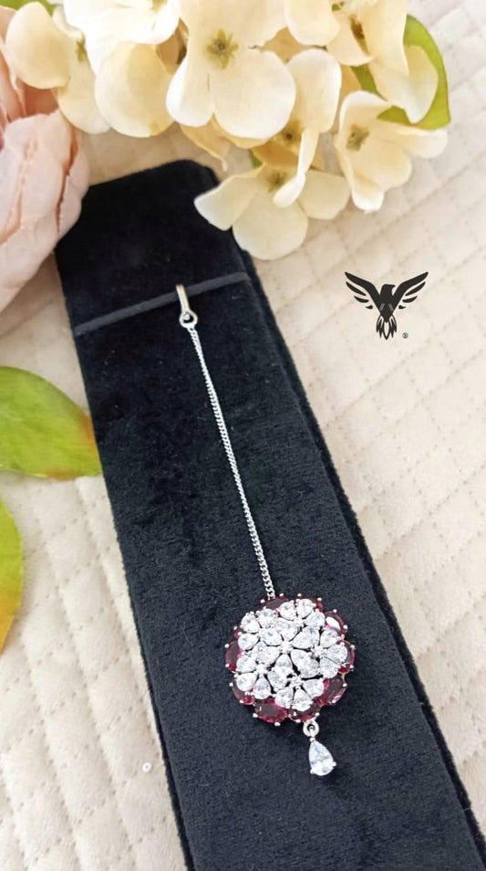 Ruksana Cz Stone Floral Mangtika In Maroon Diamond For Women