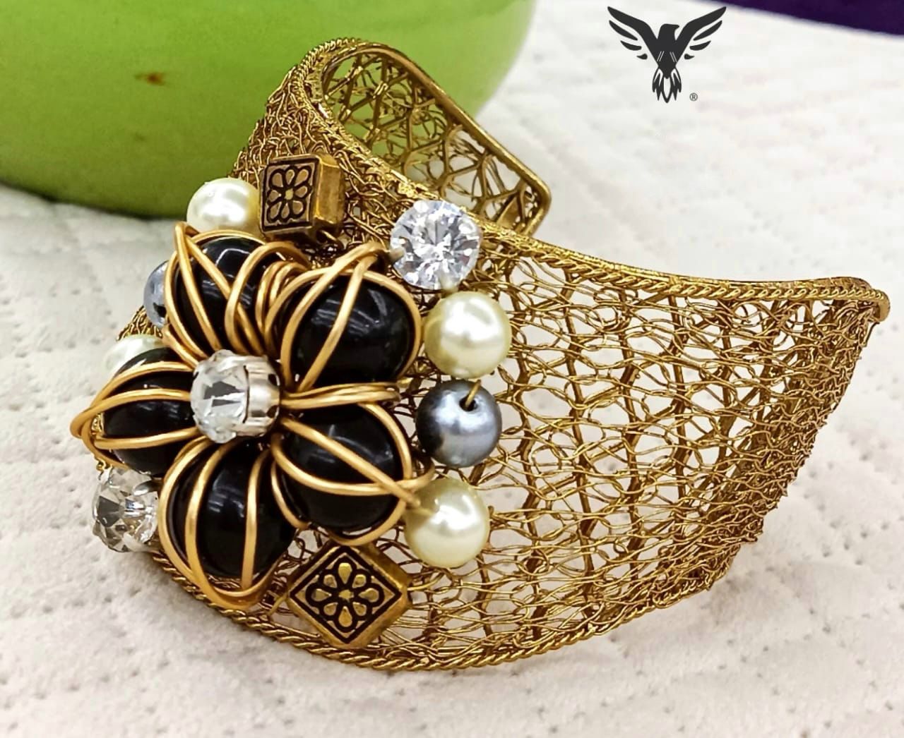 Aagasthya Gold Plated Black Beaded Floral Duzy Bracelet For Women