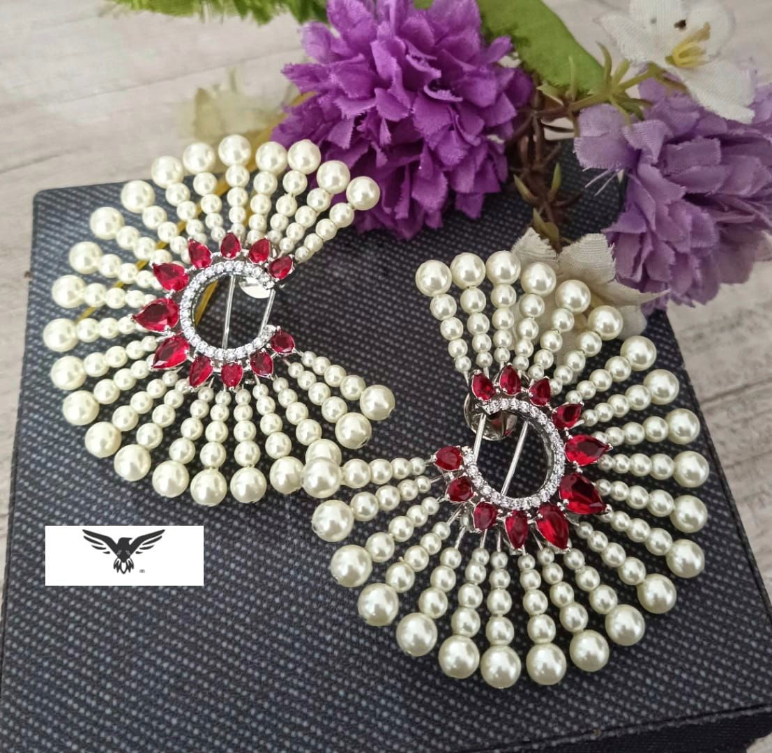Pearl Oversized Studs In Red CZ