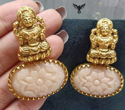 Gold Plated Lakshmi Earing In Carved Stone For Women