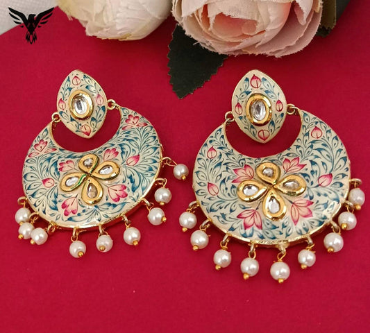 Mohi Meenakari Kundan Earings In Pearl Drop For Women