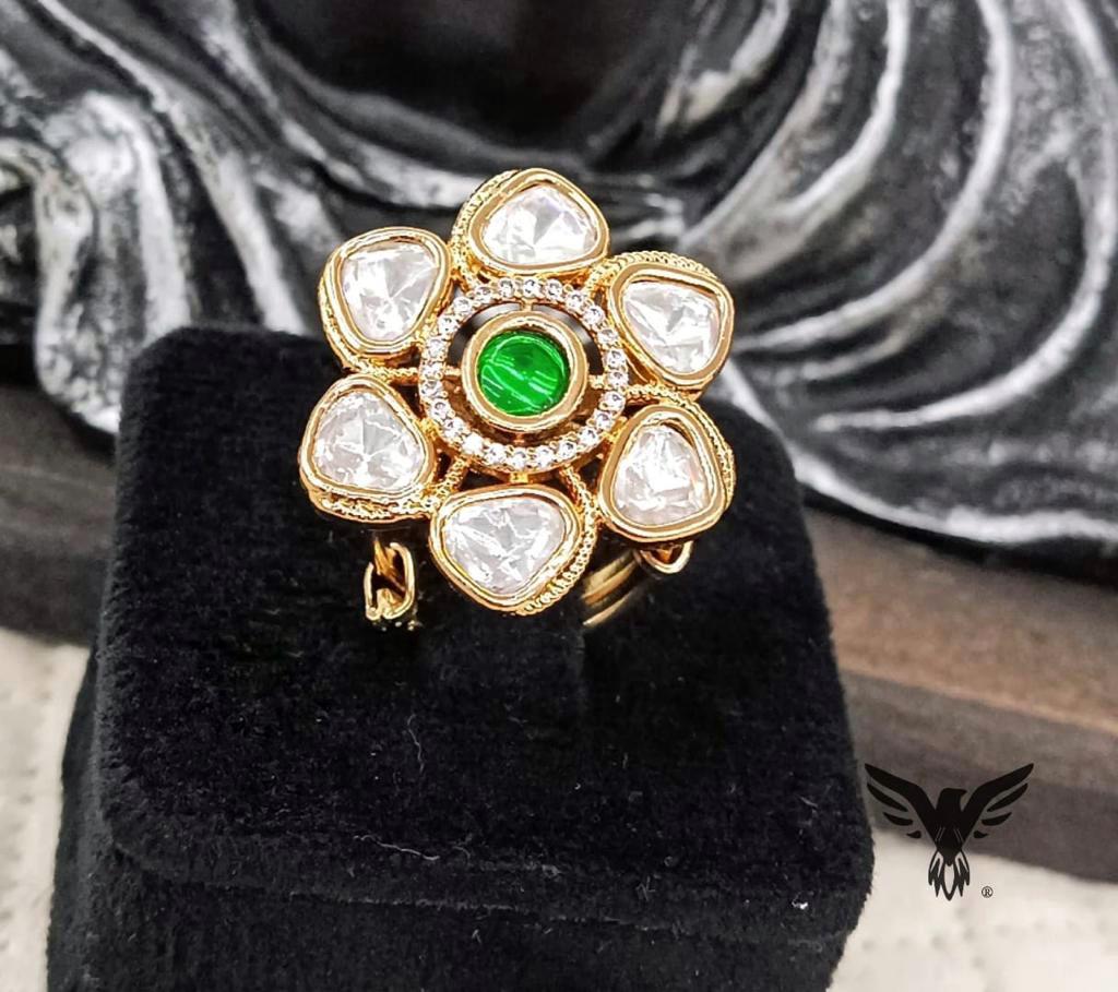 Rishika Gold Plated Kundan Ring In Emerald For Women