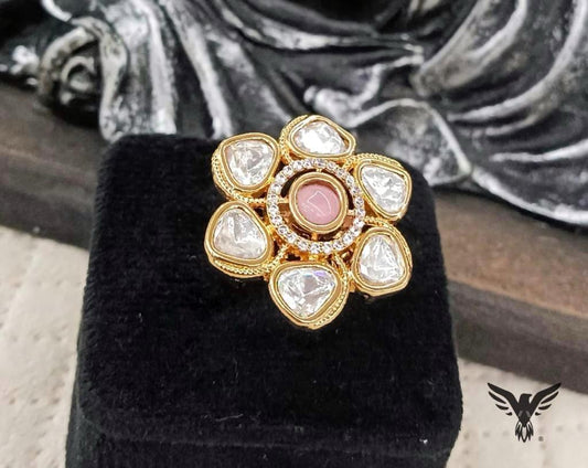 Rishika Gold Plated Kundan Ring In Pink For Women