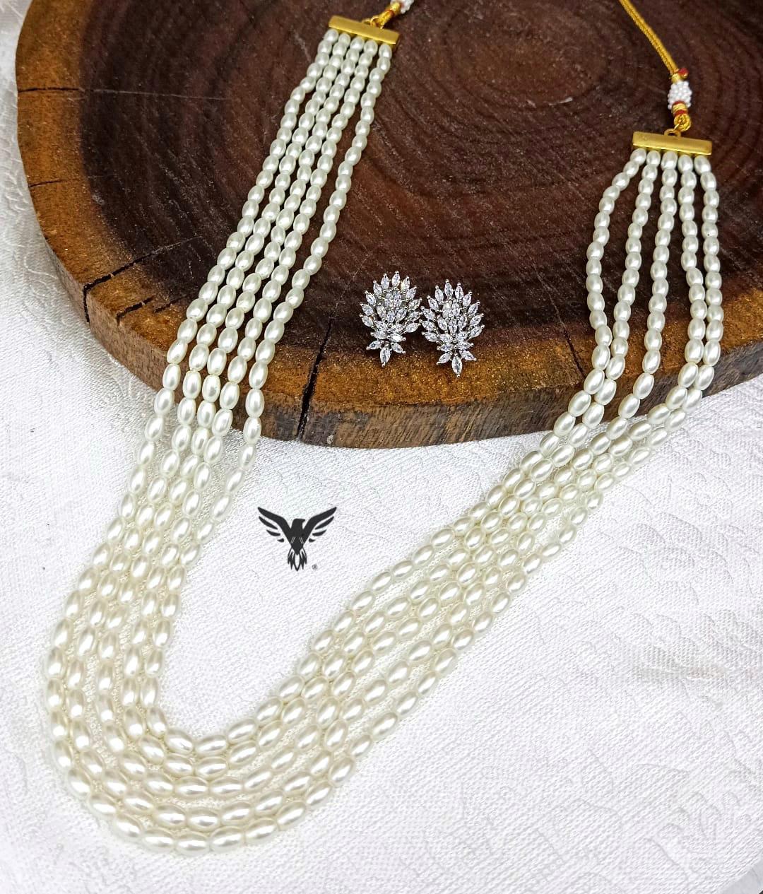 Drashti White Beads Five Layered Mala With Cz Studs For Women