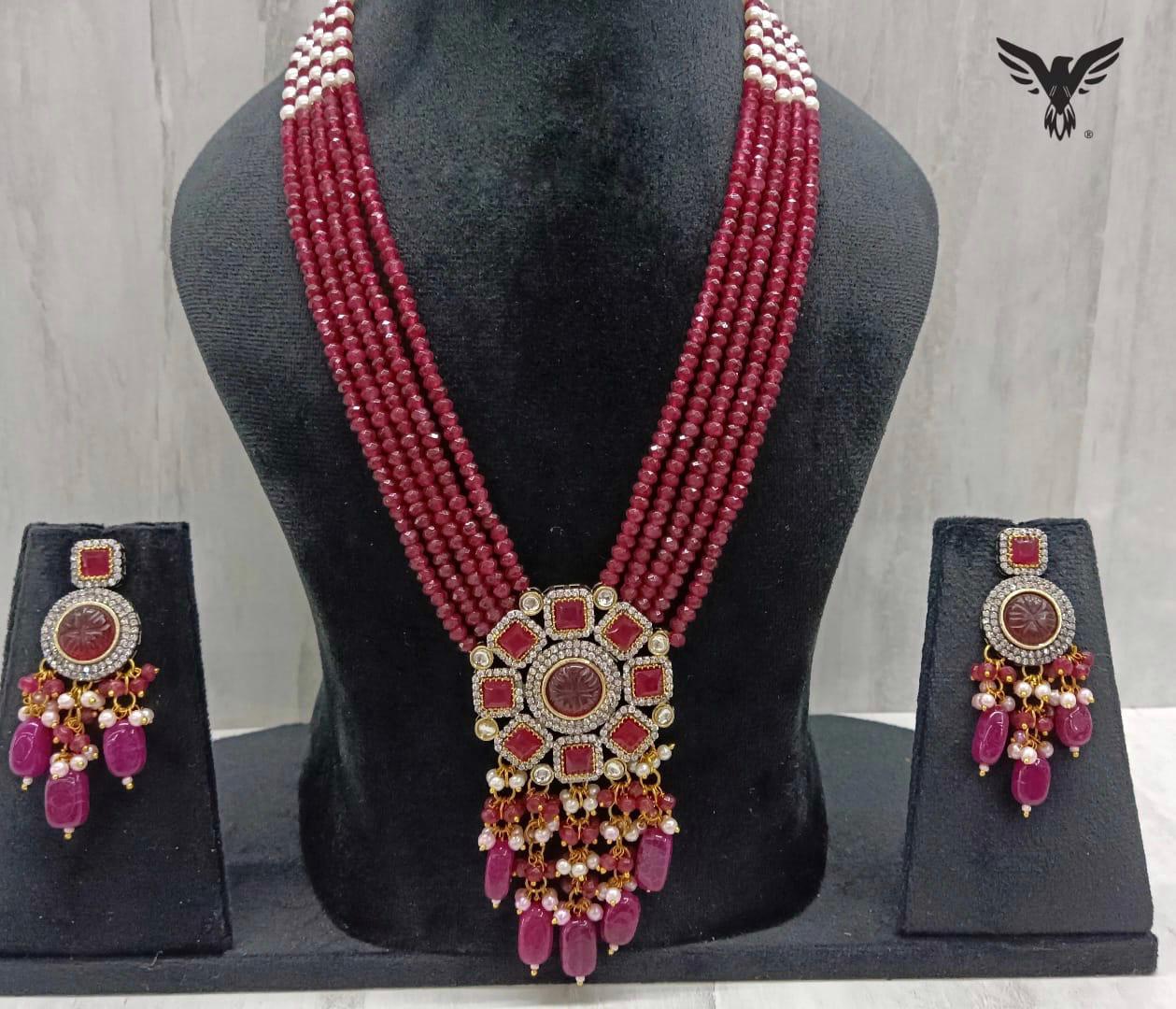 Drishti Carved Stone Broach Multi Layered Mala Necklace In Ruby Drop For Women