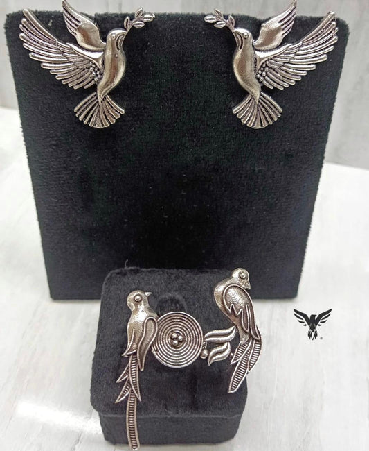 Madhvi Silver Look Alike Bird Earings With Ring For Women