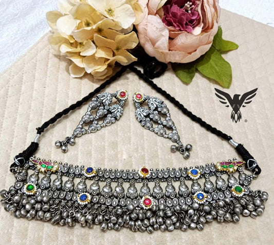 Charlie silver look alike broad multicolour choker for women