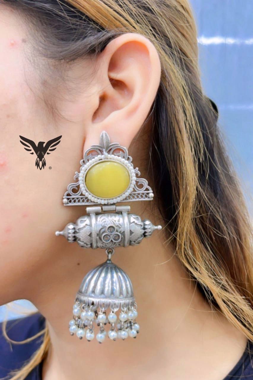 Amber Silver Look Alike Jhumkis In yellow Stone  For Women