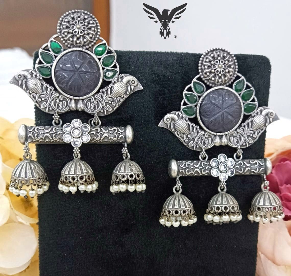 Amber Silver Look Alike Earings In Black Carved Stone  For Women