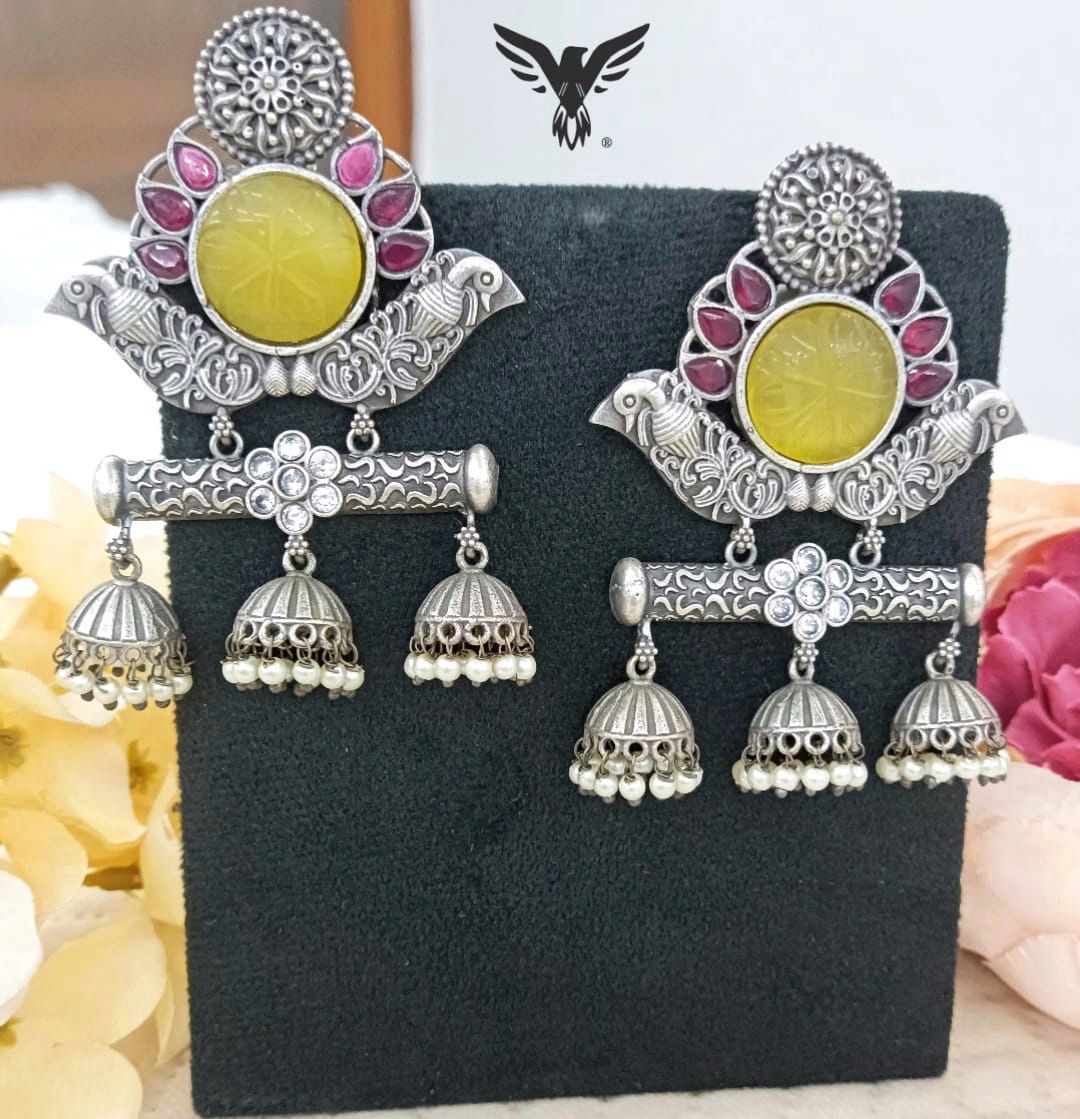 Amber Silver Look Alike Earings In Yellow Carved Stone  For Women