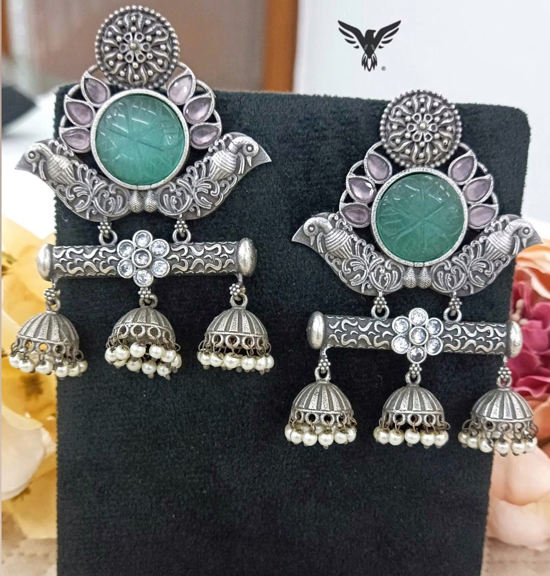 Amber Silver Look Alike Earings In Green Carved Stone  For Women