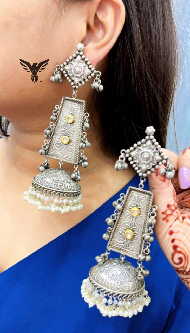 Shampreet Silver Look Alike Jhmkis In Beads Drop For Women