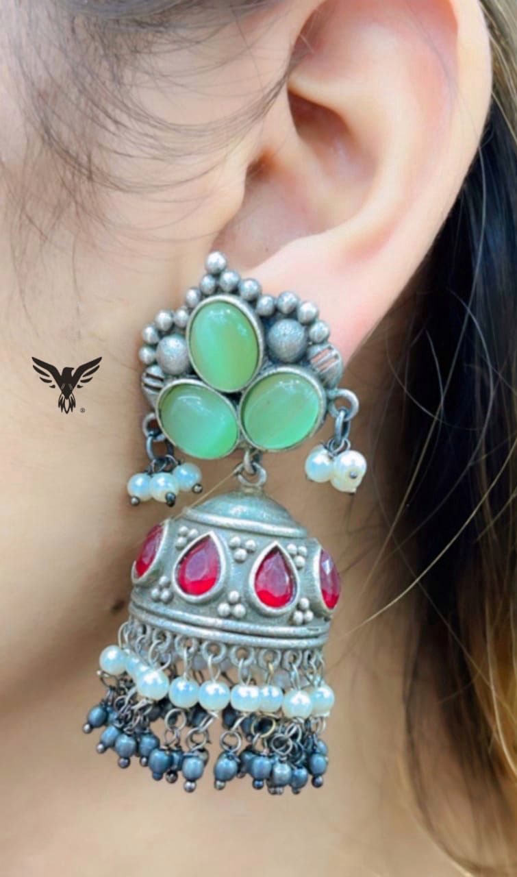 Avneet Silver Look Alike Jhumkis In Mint And Red Stone  For Women