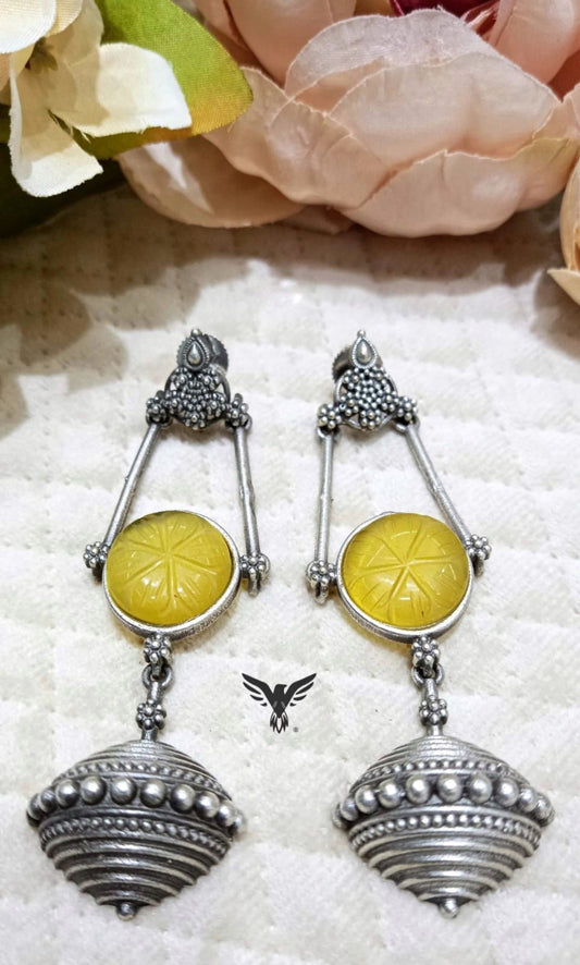 Shivjot Silver Look Alike Carved Stone Earings In Yellow For Women