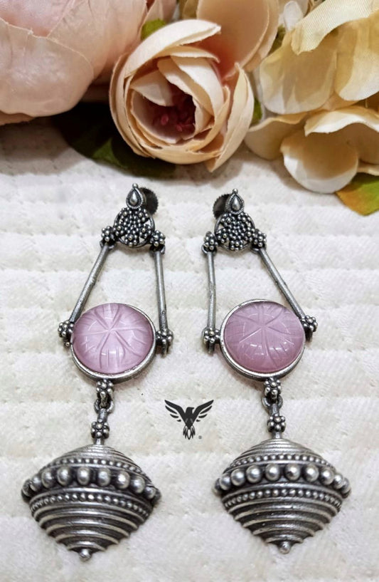 Shivjot Silver Look Alike Carved Stone Earings In Pink For Women