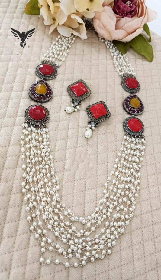 Aabha silver look alike pearl necklace with earrings