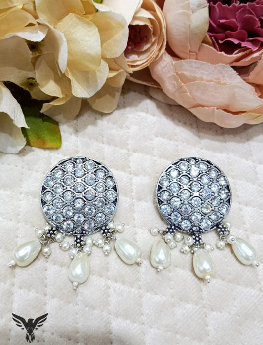 Harini white round silver look alike earrings with hanging pearl drops