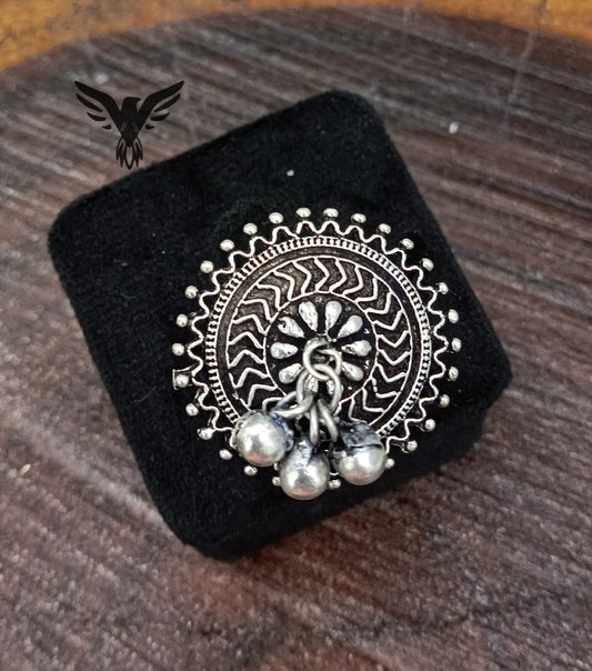 Shaina ghunghroo adjustable ring in silver look alike