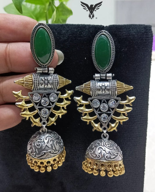 Kimaya Emerald green Silver Look Alike drop jhumkis