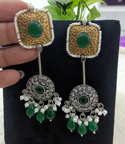 Imara Emerald Green Silver Look Alike Long Dangle  Earrings With Drops