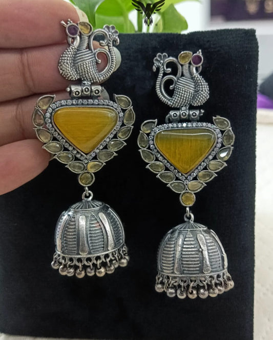 Tashi Yellow Silver Look Alike Long Dangle  Earrings With Jhumkis