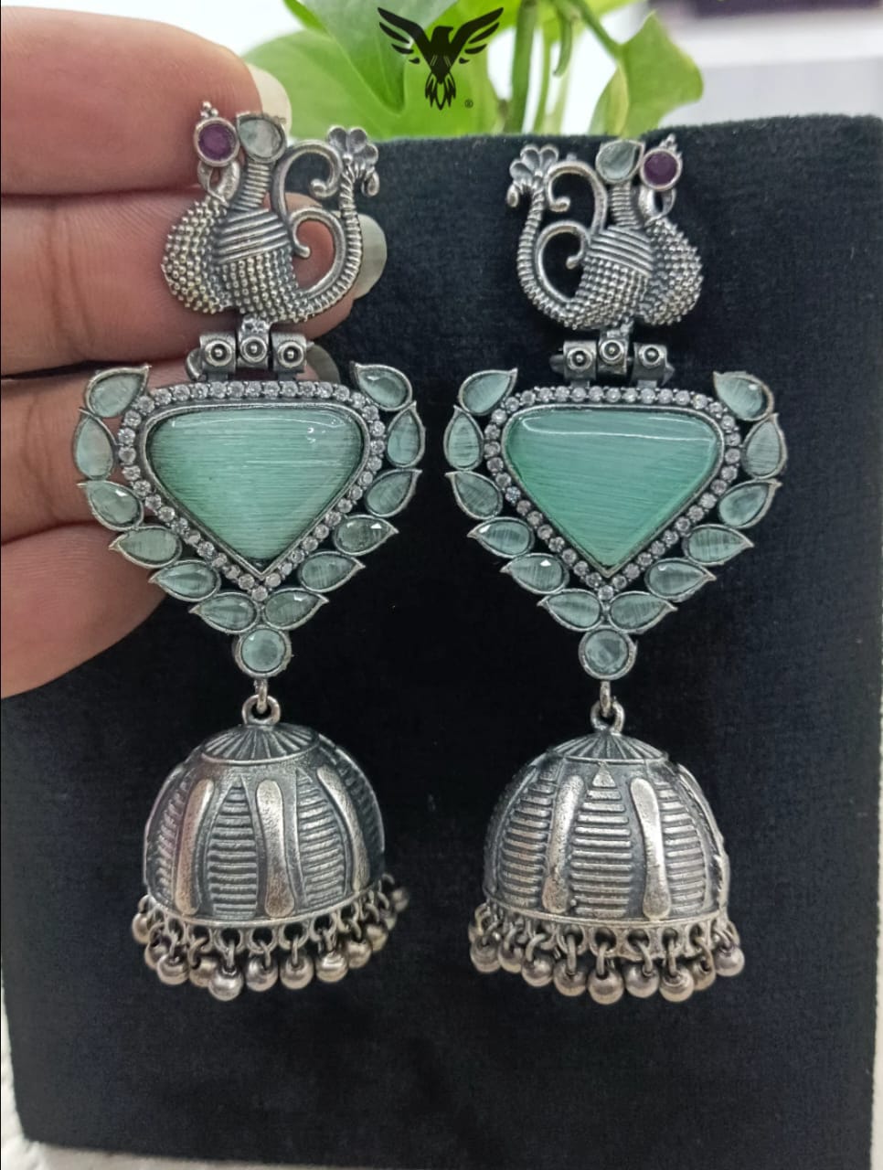 Tashi Mint Silver Look Alike Long Dangle  Earrings With Jhumkis