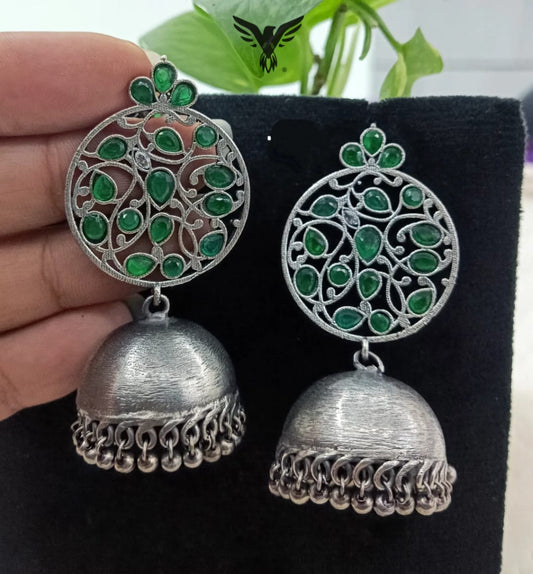 Eesha Emerald green Silver Look Alike jhumkis