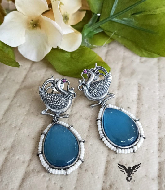 Swam Ocean Blue Silver Look Alike Earrings With Drops