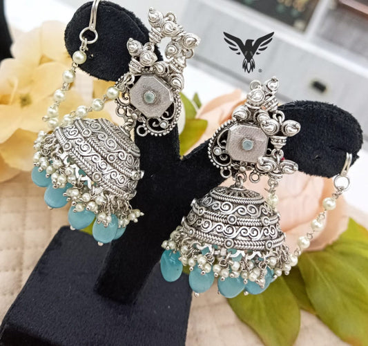 Saanvi Silver Look Alike Jhumkis With Blue Drops