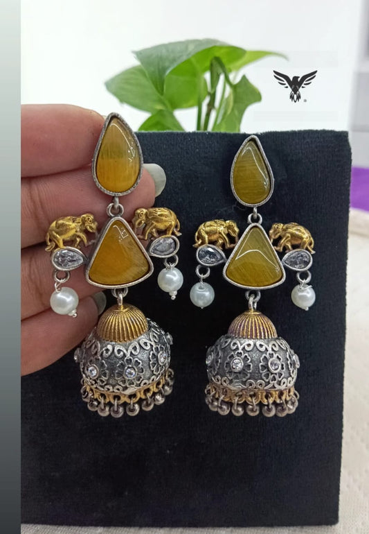 Inaya yellow  Silver Look Alike Earings In Jhumki Drops