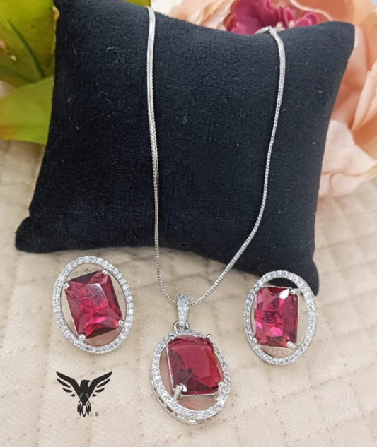 Saanvi Ruby oval shape Pendant Set with earrings