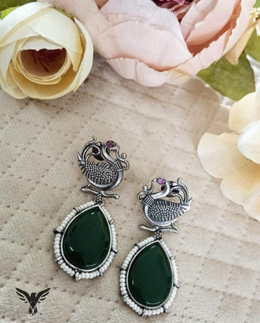 Swam Green Silver Look Alike Earrings With Drops