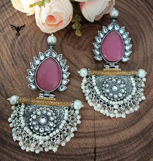 Lipika in pink silver look alike earring with pearl drops