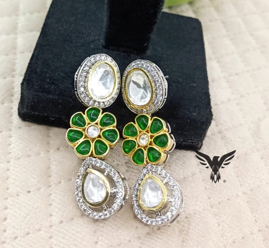 Sarah kundan polki earring with floral in Emerald green