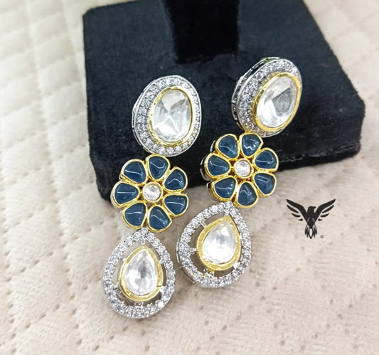 Sarah kundan polki earring with floral in Sapphire blue