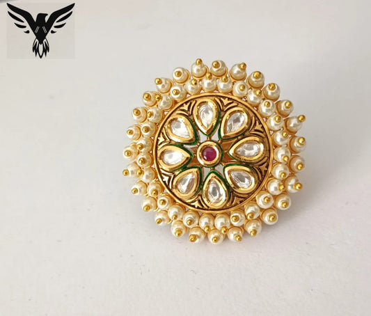 PEARL KUNDAN RING IN GOLD PLATED FOR WOMEN