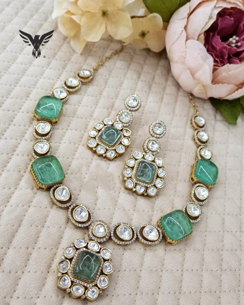 Jessica mosanite Polki Kundan Necklace in mint For Women