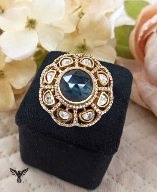 Bhavini Blue Gold Plated Kundan Ring For Women