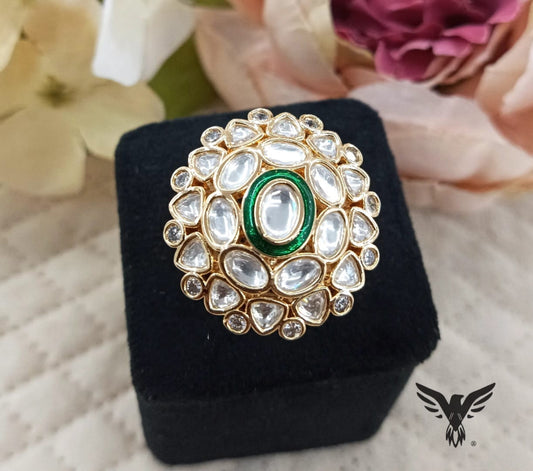 Rose emerald green Gold Plated Kundan Ring For Women