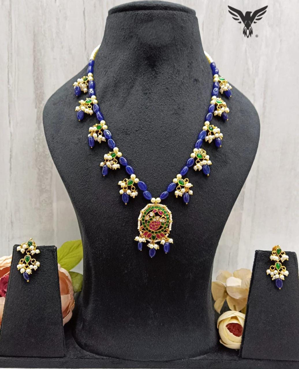 Ahana Ahemdabadi kundan necklace set Sapphire Blue For Women