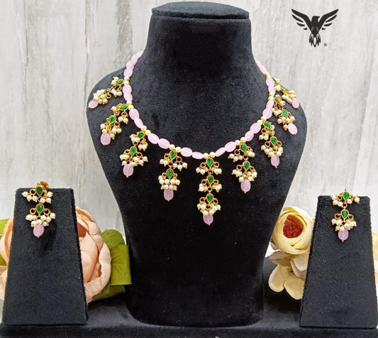 Ishani Ahemdabadi kundan Necklace set Pink For Women