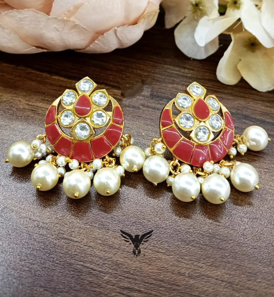 Aarvi kundan Orange studs With Pearls For Women