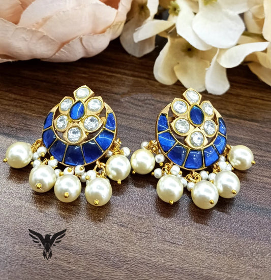 Aarvi kundan Sapphire Blue studs With Pearls For Women