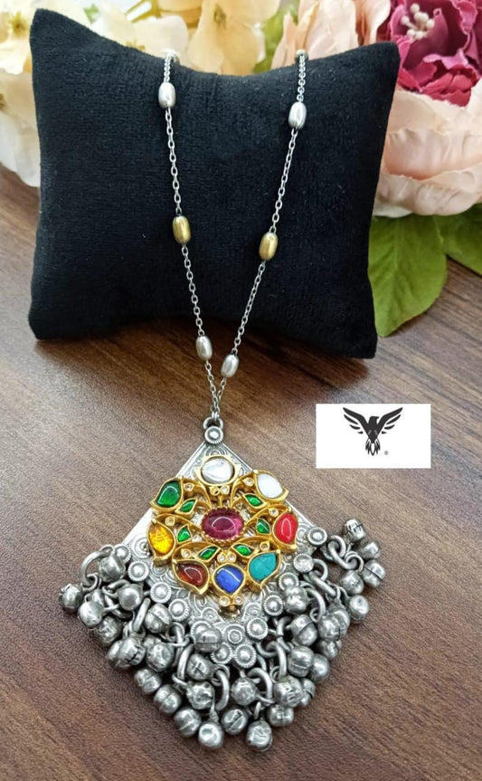 Diamond Navratan Pendent With Ghungroo in silver look alike  for women