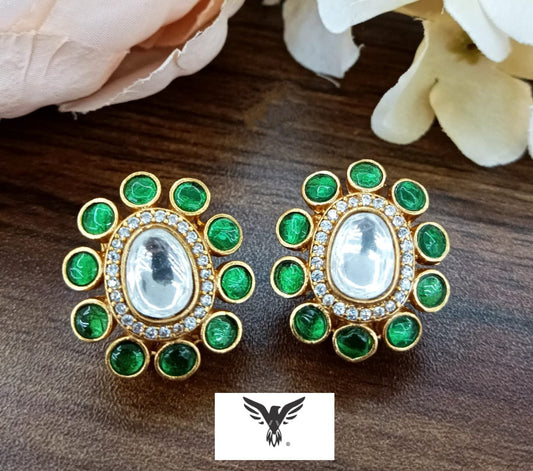 Aachal kundan Emerald green studs For Women