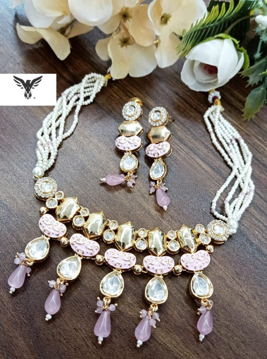 Kashvi kundan necklace with earrings with pink drops For Women