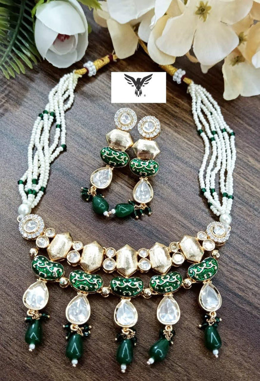 Kashvi kundan necklace with earrings with Emerald drops For Women