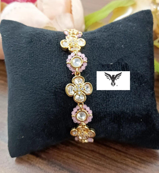 Anvi Floral kundan Adjustable Bracelets Gold plated in Pink for women